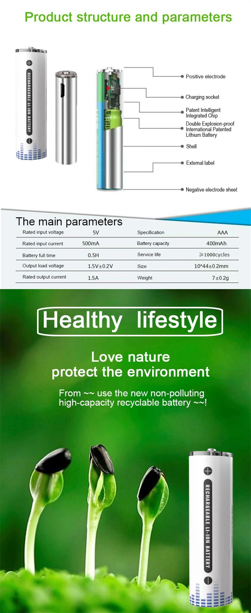 New Design 1.5V 600mwh 1100mwh USB Triple AAA 10440 Li-ion Lithium Ion Rechargeable Battery Cell with Type C USB Port